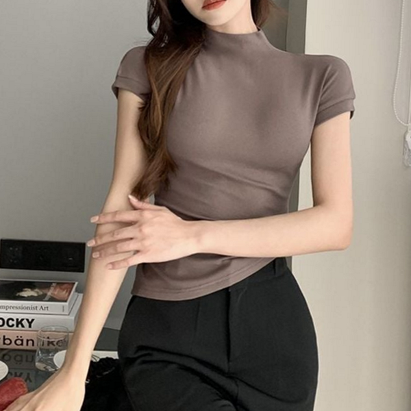 모크넥 여성 반팔 티셔츠 슬림핏 여성 캡 소매 티셔츠 이너 - 상품 이미지