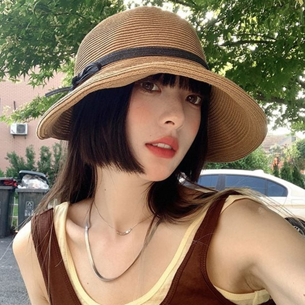 데 여성 밀짚 모자 리본 여자 밀짚 모자 와이드챙 여름 - 상품 이미지