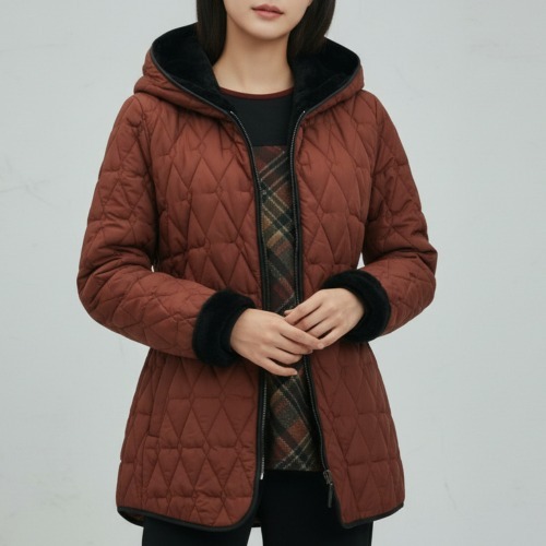 엄마옷 조이마담 J3401 다이아패턴 스트링 후드 퍼코트 중년여성의류 - 상품 이미지