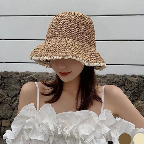 벙거지 여성 라탄 모자 비치 여름 레이스 모자 휴양지 바캉스 - 상품 이미지