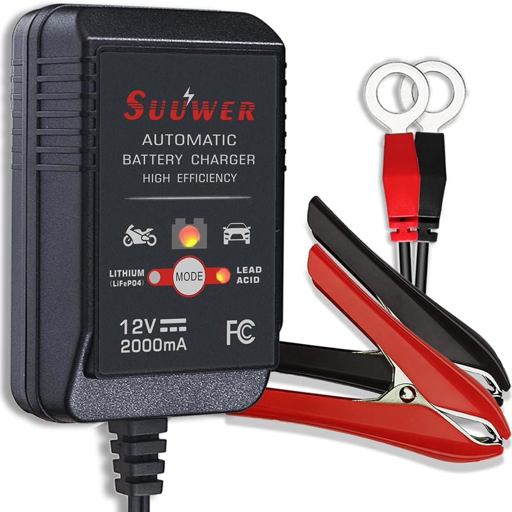 수치워 2Amp 12V 스마트 배터리 충전기 - 납산 및 리튬(LiFePO4) 배터리용 완전 자동 트리클 유지 관리기 - 상품 이미지