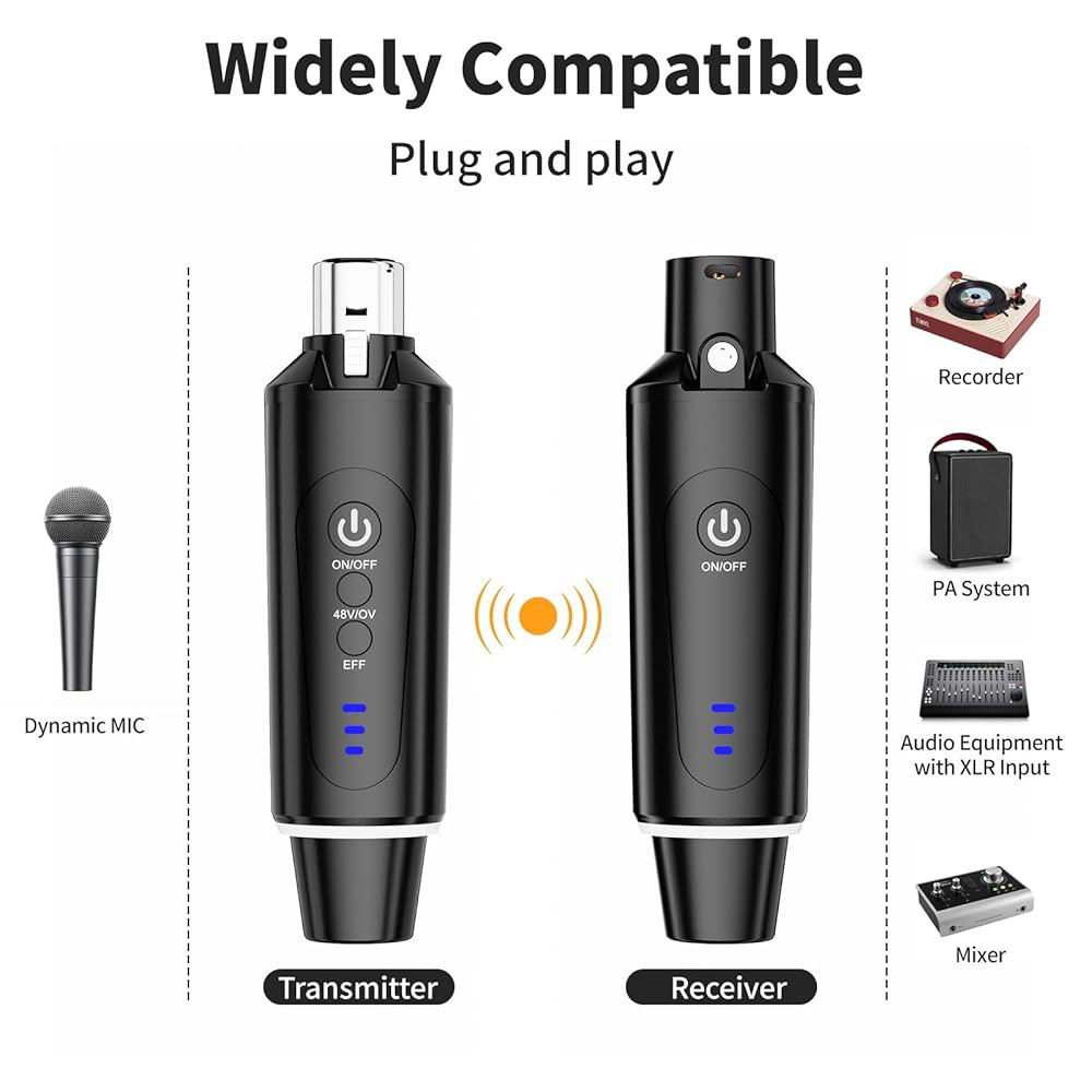 아르비텍 무선 XLR 마이크 송신기 수신기 2.4Ghz, 다이내믹 마이크용 시스템 어댑터, 오디오 믹서, 일렉트릭 기타 베이스, 콘덴서 48V 팬텀 전원, 160피트 범위 - 상세 이미지 2