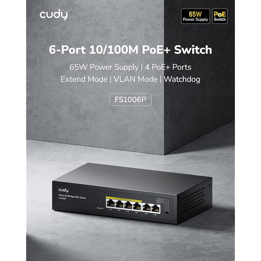 Cudy FS1006P 6포트 10/100M PoE 벽 포트 4개, 팬 없음, 802.3af / 감지, 거리), PD 및 모드 전송 (10Mbps에서 스틸 60W, CCTV 스위치 - 상세 이미지 2