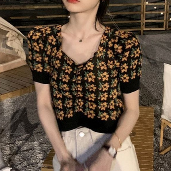 데 여자 브이넥 티셔츠 크롭 여성 반팔 티셔츠 꽃무늬 여름 - 상품 이미지