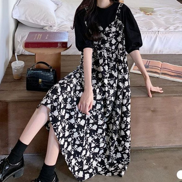 데 플라워 원피스 뷔스티에 여성 원피스 레이어드 꽃무늬 여름 휴양지 - 상품 이미지