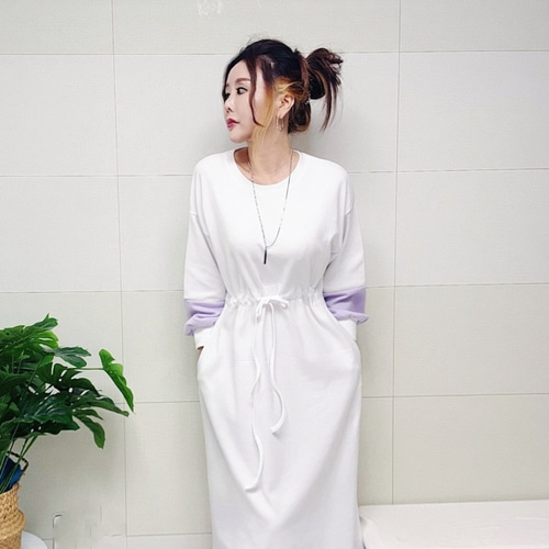 (국산면원단/국내자체생산) ON3002 소매배색 허리끈 주머니 롱 원피스 30대여성의류 - 상세 이미지 2
