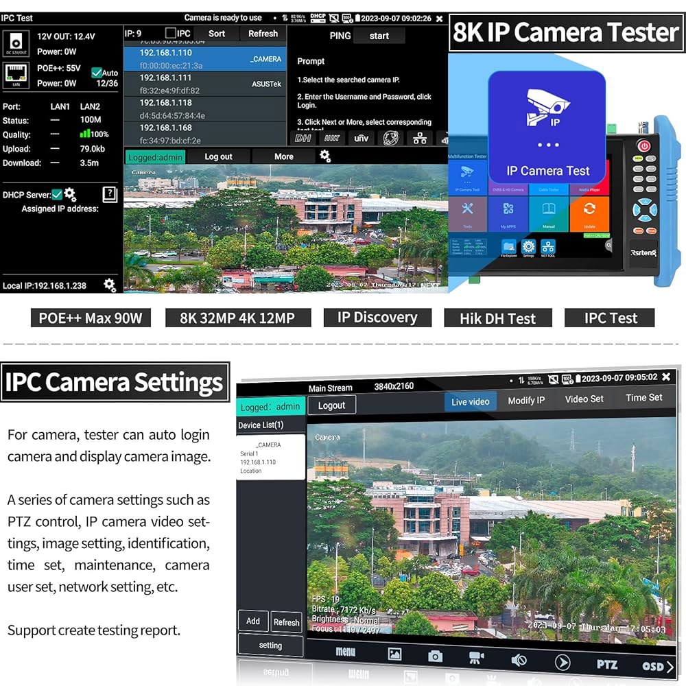 Rsrteng CCTV 카메라 테스터, 8K 4K 터치 네트워크 HD 도구 IPC POE++ IPS 1CH 스크린 7인치 케이블 90W, IP CVBS IPC-9800Pro 테스터 - 상세 이미지 3