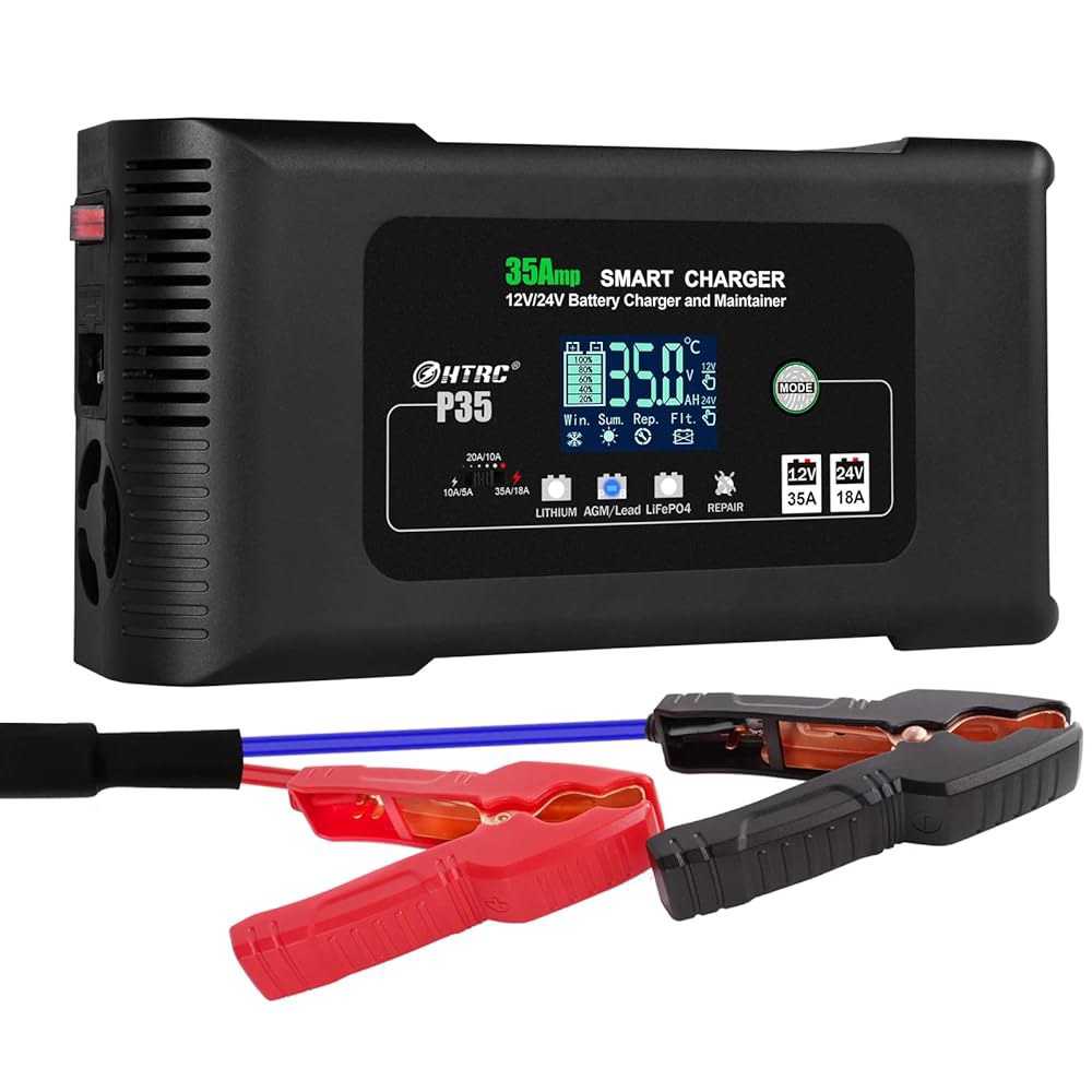 HTRC 35암페어 스마트 충전기, 자동차 배터리 트릭 12V35A / 24V18A, 14.6V 29.2V, 리튬, LiFePO4, 납산 AGM 젤 SLA..배터리 휴대용 유지보수 - 상품 이미지