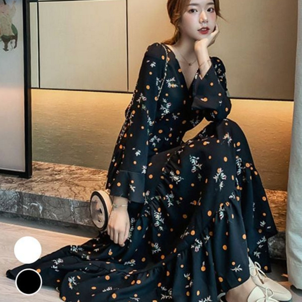 플라워 여성 롱 원피스 쉬폰 여성 꽃무늬 원피스 데 가을 - 상품 이미지