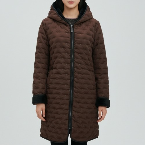 엄마옷 조이마담 J3400 삼각패턴 롱 후드 퍼코트 중년여성의류 - 상품 이미지