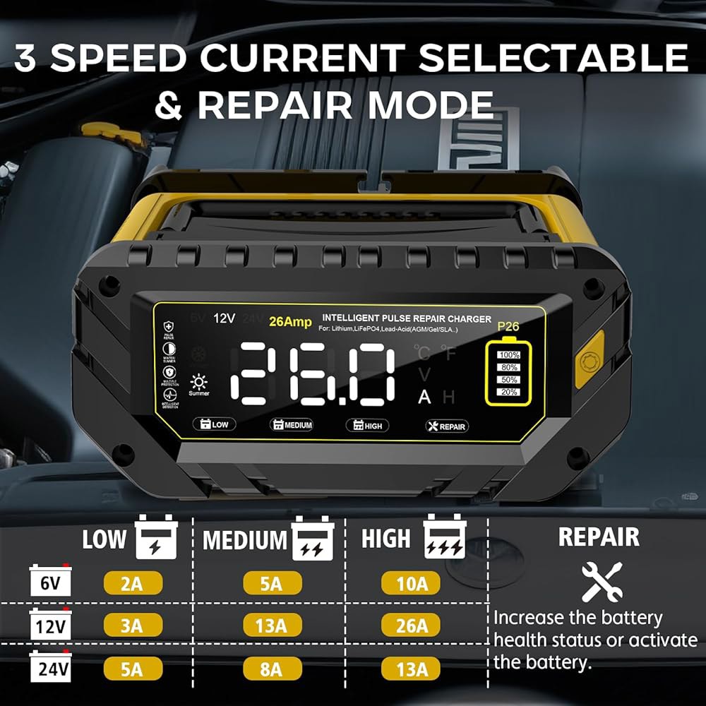 26 AMP 자동차 배터리 충전기, 6V / 12V 24V 납산, 리튬, LiFePo4 스마트 대형 스크린 트리클 자동차, 오토바이, 잔디 깎는 기계용 완전 자동 충전기 및 유지보 - 상세 이미지 3