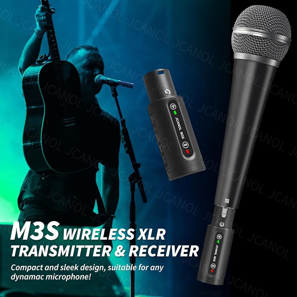 JCANOL M3S 무선 XLR 송신기 수신기, 24비트 /192kHz 고해상도 마이크 어댑터, 동적 마이크, 오디오 믹서, PA 시스템, 164피트 범위용 부스터 내장 - 상세 이미지 2