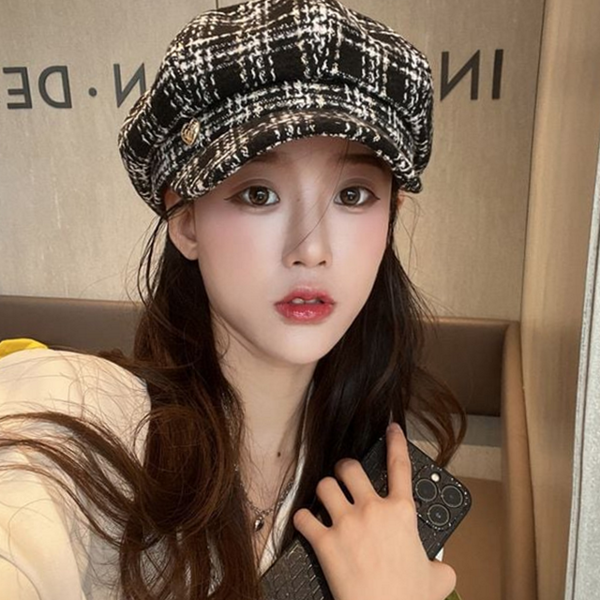 클래식 체크 캡 모자 트위드 폴리에스터 모자 겨울 스타일 - 상품 이미지