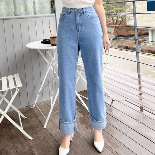 루즈핏 여자 와이드 청바지 캐주얼 여성 롤업 청바지 데 팬츠 - 상품 이미지