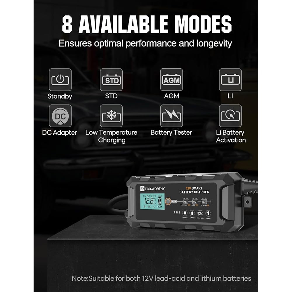 적인 10A LiFePO4 배터리 충전기 12V, 스마트 리튬 및 유지 관리기, 납산, RV, 자동차, 오토바이, 해양, 보트용 트리클 탈황기 - 상세 이미지 2