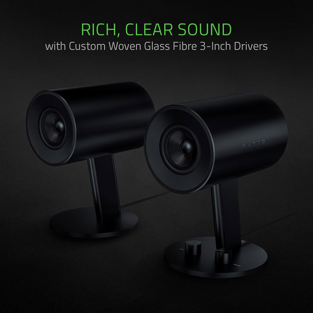 Razer, 놈모 풀 레인지 2.0 유리 베이스 3인치 섬유 드라이버, 게인 후면 포트, 자동 게이밍 조정 노브 스피커, 방향 Nommo Chroma - 상세 이미지 3