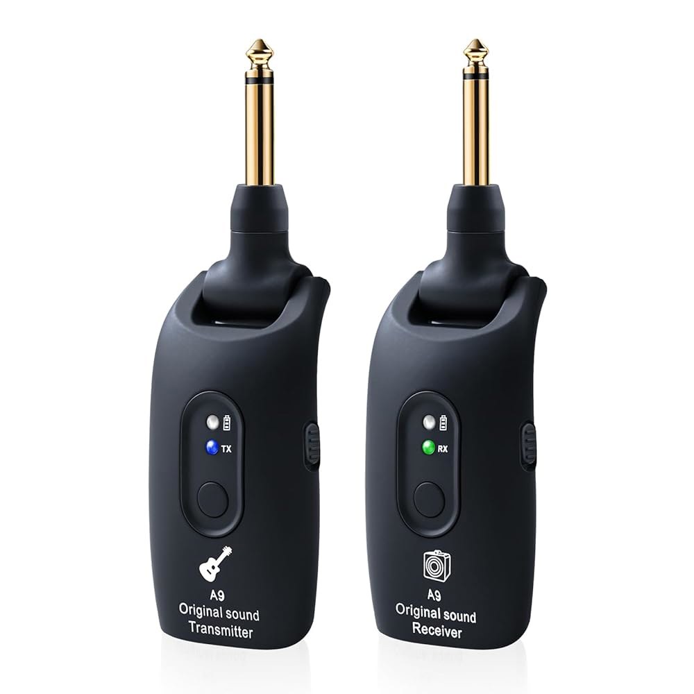 A9 무선 기타 시스템 - 2.4GHz 액세서리 송신기 수신기, 24비트 48KHz 오디오, 100피트 범위, 지연 시간 없음, 4시간 충전식 배터리, 일렉트릭 베이스용(블랙(1T - 상품 이미지