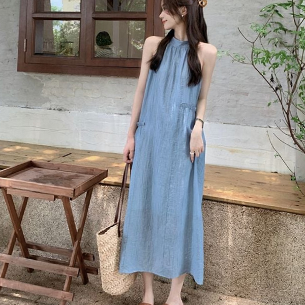 이지핏 여성 홀터넥 원피스 데일리 민소매 롱 원피스 여름 린넨 - 상품 이미지