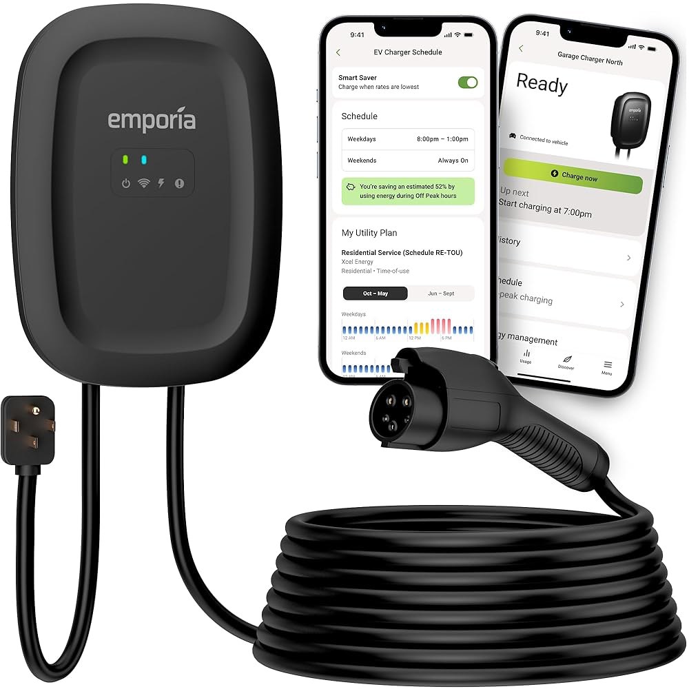 엠포리아 레벨 2 EV 충전기 - NEMA 14-50 EVSE w / J1772 48암페어 2, 240v WiFi 지원 전기 자동차 충전소, 25피트 케이블, 검은색 - 상품 이미지