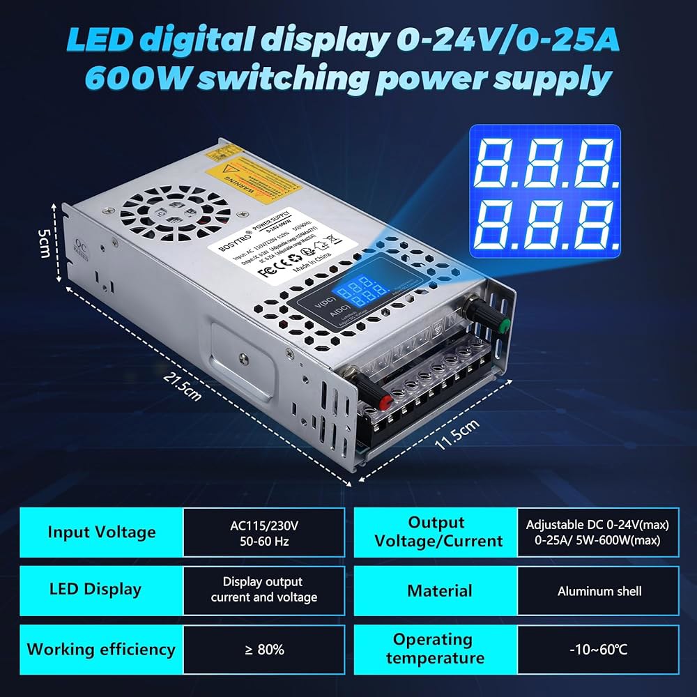 BOSYTRO 24V 조절 가능한 DC 110V/220V 3D 장치 0-24V 벅 12V 컨버터, - 공급 LED 프린터, CCTV 10V 디지털 전원 실험실용 600W, 스위칭 - 상세 이미지 2