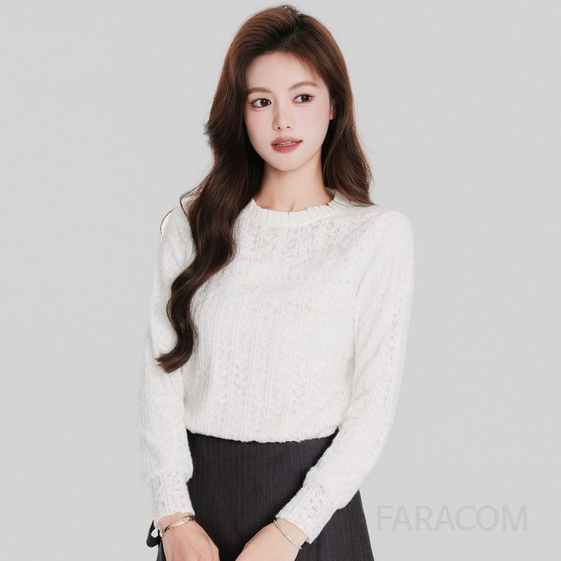 여성 페미닌 무드 루즈핏 기모 레이스 꽈배기 라운드넥 긴팔 티셔츠 블라우스 오피스룩 하객룩 - 상품 이미지