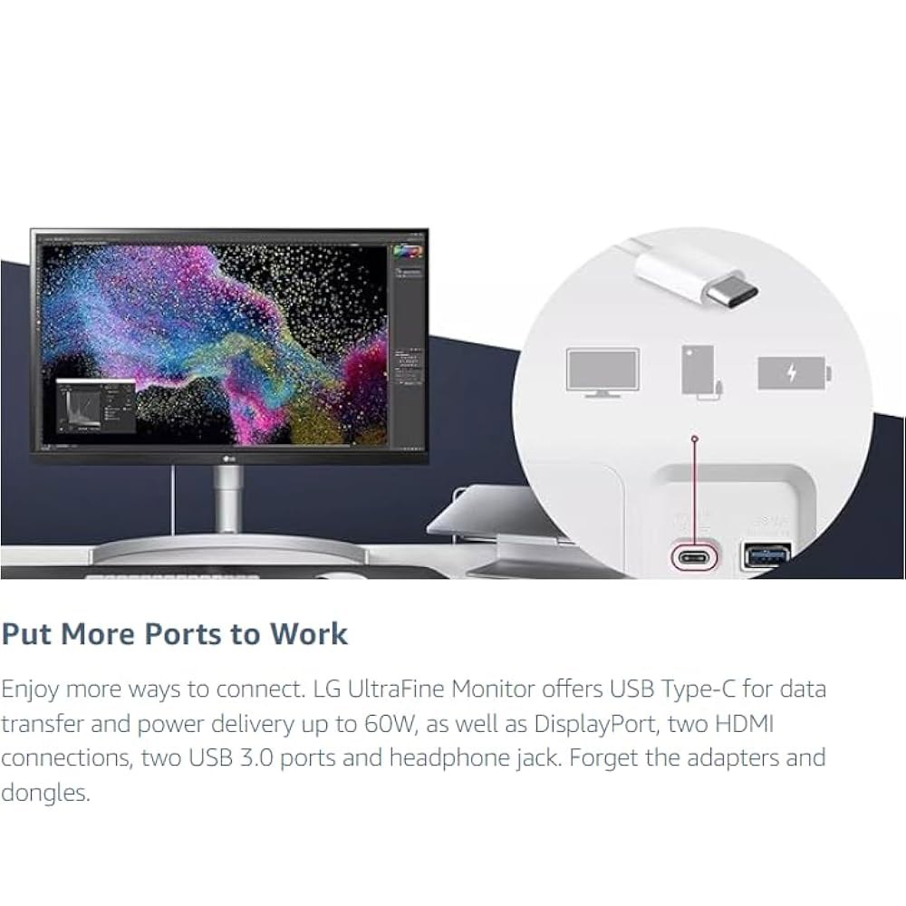 LG Ultrafine 27인치 4K UHD 스탠드, 디스플레이 HDR10, 포트, 내장 400, 가능한 기울기/높이/피벗 Type-C 모니터, 화이트 및 조절 VESA 90W - 상세 이미지 3