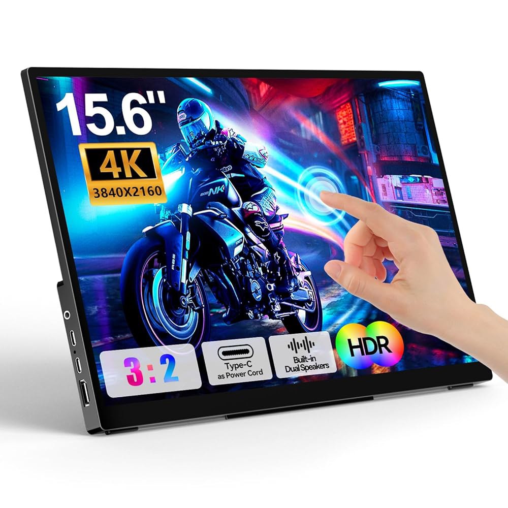 WCKUN 4K 휴대용 터치 모니터, 터치, RGB 업무용 15.6인치 노트북 2000 1 스피커, 3840 100 IPS, USB-C HDMI HDR, 알루미늄 UHD, 포함, - 상품 이미지