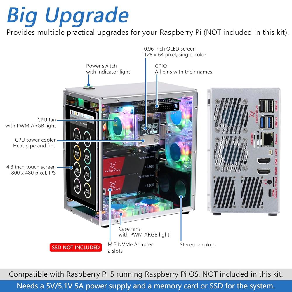 FREENOVE 라즈베리 파이 5 케이스 오디오 슬롯, 쿨러, M.2 (SSD CPU NVMe 4.3인치 ARGB 듀얼 스피커, 터치스크린, SSD 스테레오 타워 싱크, 프로, - 상세 이미지 2