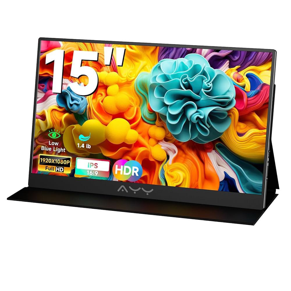 memzuoix 15인치 휴대용 모니터 FHD - HDMI 및 스크린 1080P 여행용 블랙 스피커 HDR 포함 sRGB 게임/맥/PS5용 VESA 100 0.6kg(1.3파운드) - 상품 이미지