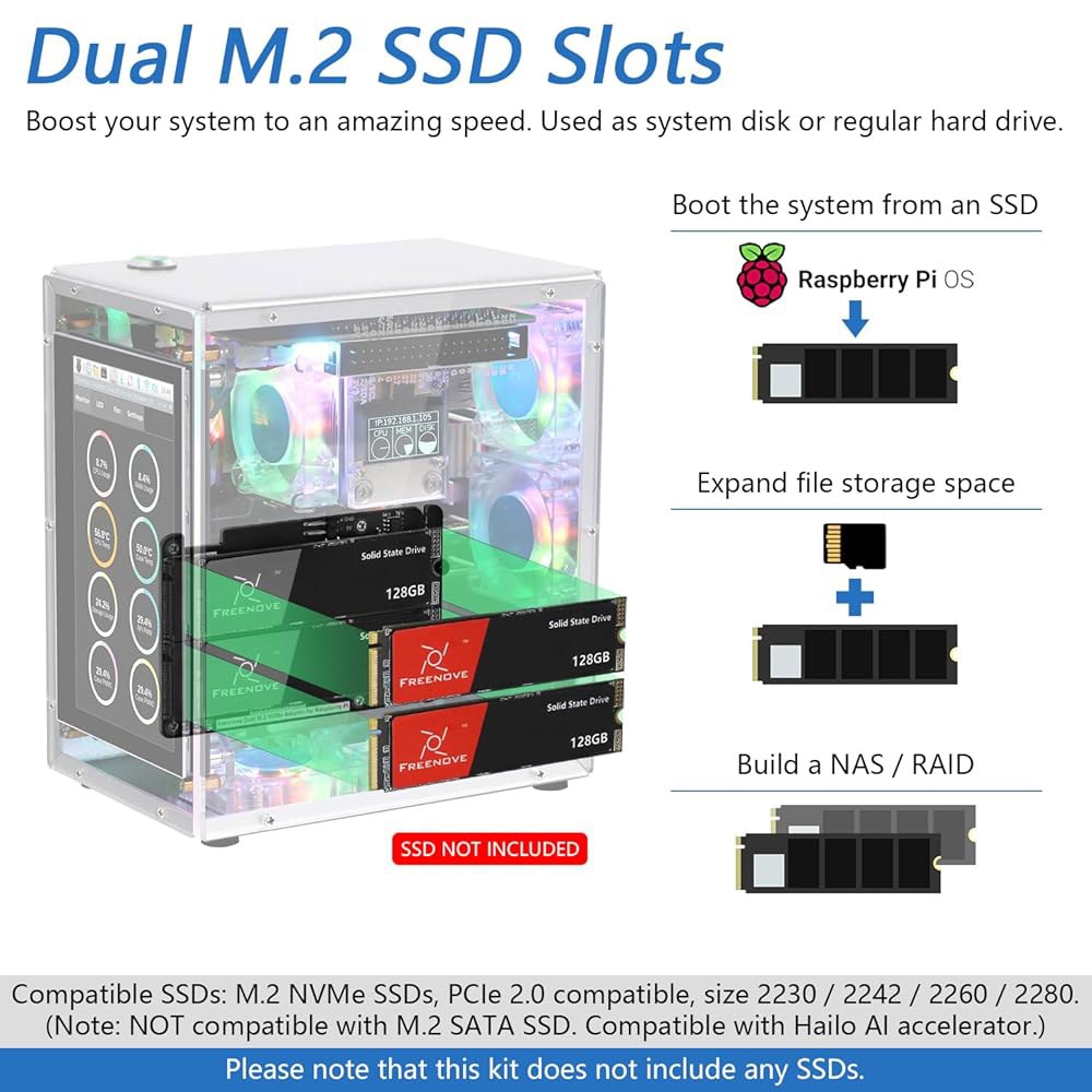 FREENOVE 라즈베리 파이 5 케이스 오디오 슬롯, 쿨러, M.2 (SSD CPU NVMe 4.3인치 ARGB 듀얼 스피커, 터치스크린, SSD 스테레오 타워 싱크, 프로, - 상세 이미지 3