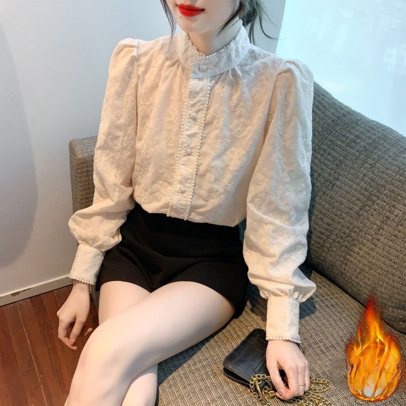 여성 우아한 페미닌 기모 안감 퍼프소매 레이스 스탠드카라 자수 셔츠 블라우스 오피스룩 하객룩 데이트룩 격식있는 - 상품 이미지