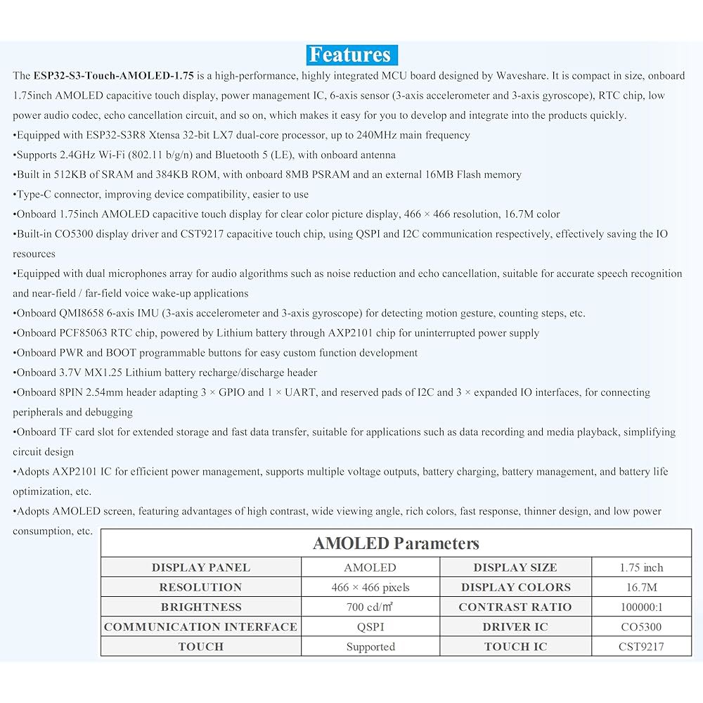 ESP32-S3, 1.7인치 AMOLED 라운드 터치 어레이, QSPI AI 듀얼 안테나 인터페이스, 디스플레이 466x466, 스피커 마이크 2W 상호 작용 온보드 8 포함 개발 - 상세 이미지 2