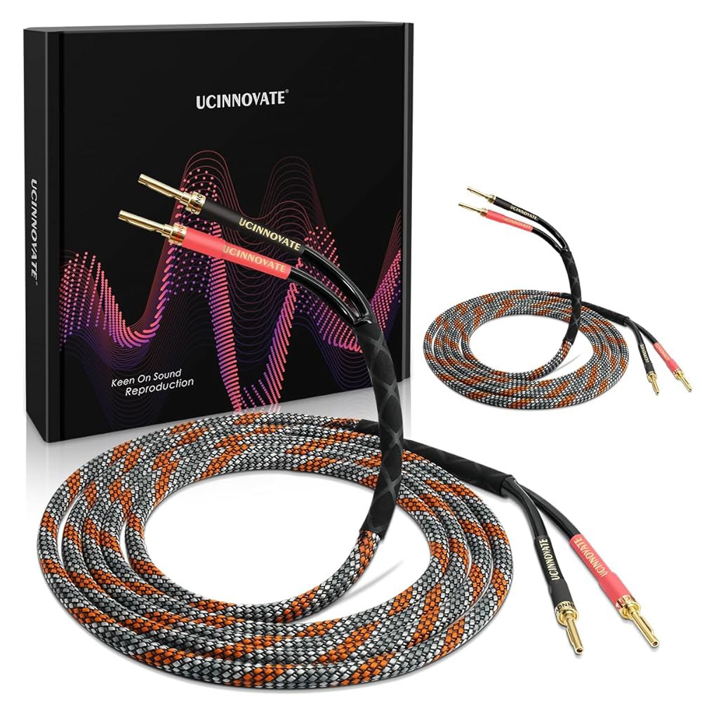UCINNOVATE Bi-Wire 스피커 케이블, 2팩 우퍼용 와이어 바나나 OFC 시어터 서브 브레이드 플러그, 앰프 와이어, 튼튼한 홈 금 오디오 케이블 프리미엄 2.9m(9. - 상품 이미지