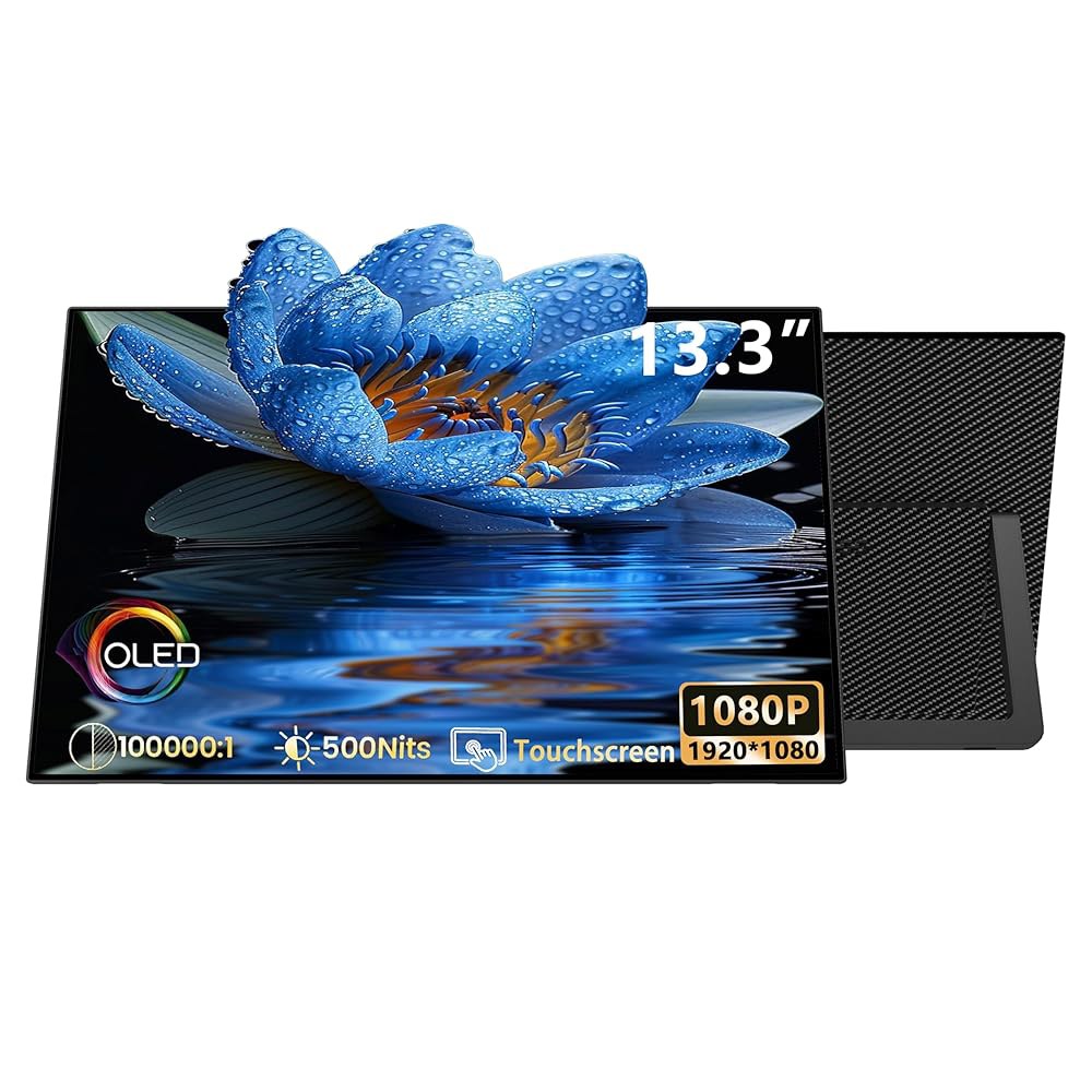 13.3인치 1080P OLED 휴대용 모니터 HDR 내장 500니트 스탠드 노트북 밝기 여행용 Xbox 터치스크린 맥 명암비 100000 1 스피커 디스플레이, PS4/5 폰 - 상품 이미지