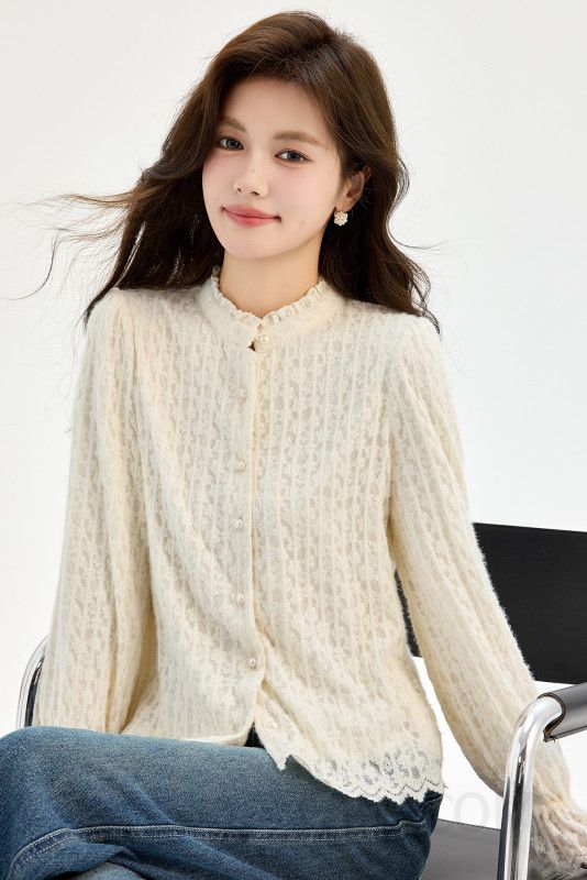 여성 페미닌 무드 기모 레이스 진주 버튼 프릴 소매 헨리넥 블라우스 셔츠 오피스룩 하객룩 정장 따뜻한 이너 웨어 이미지 6
