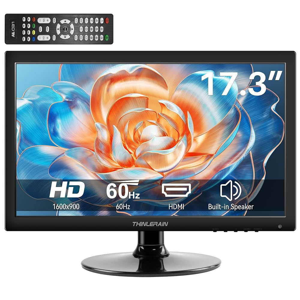 Thinlerian 17.3인치 컴퓨터 모니터, HD VGA 디스플레이, HDMI 내장 블랙 1600x900 VESA 5Ms, 스피커, 60Hz, PC 장착 가능, - 상품 이미지