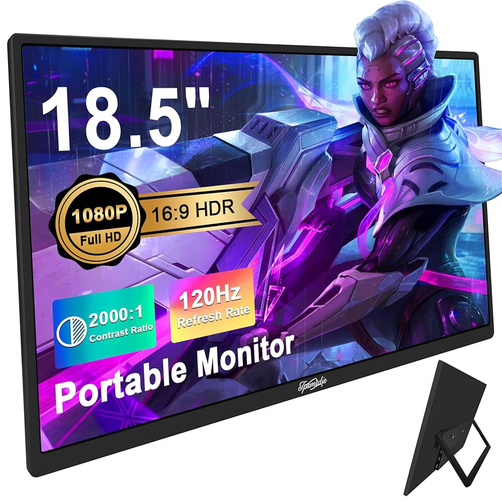 Tpsmtdis 18.5인치 휴대용 모니터, 노트북 Sw-Itch, 태블릿, PC, 120Hz 여행용 듀얼 스피커, FHD 맥, 앤 플레이 플러그 PS3/4/5용 Xbox, 외장 - 상품 이미지