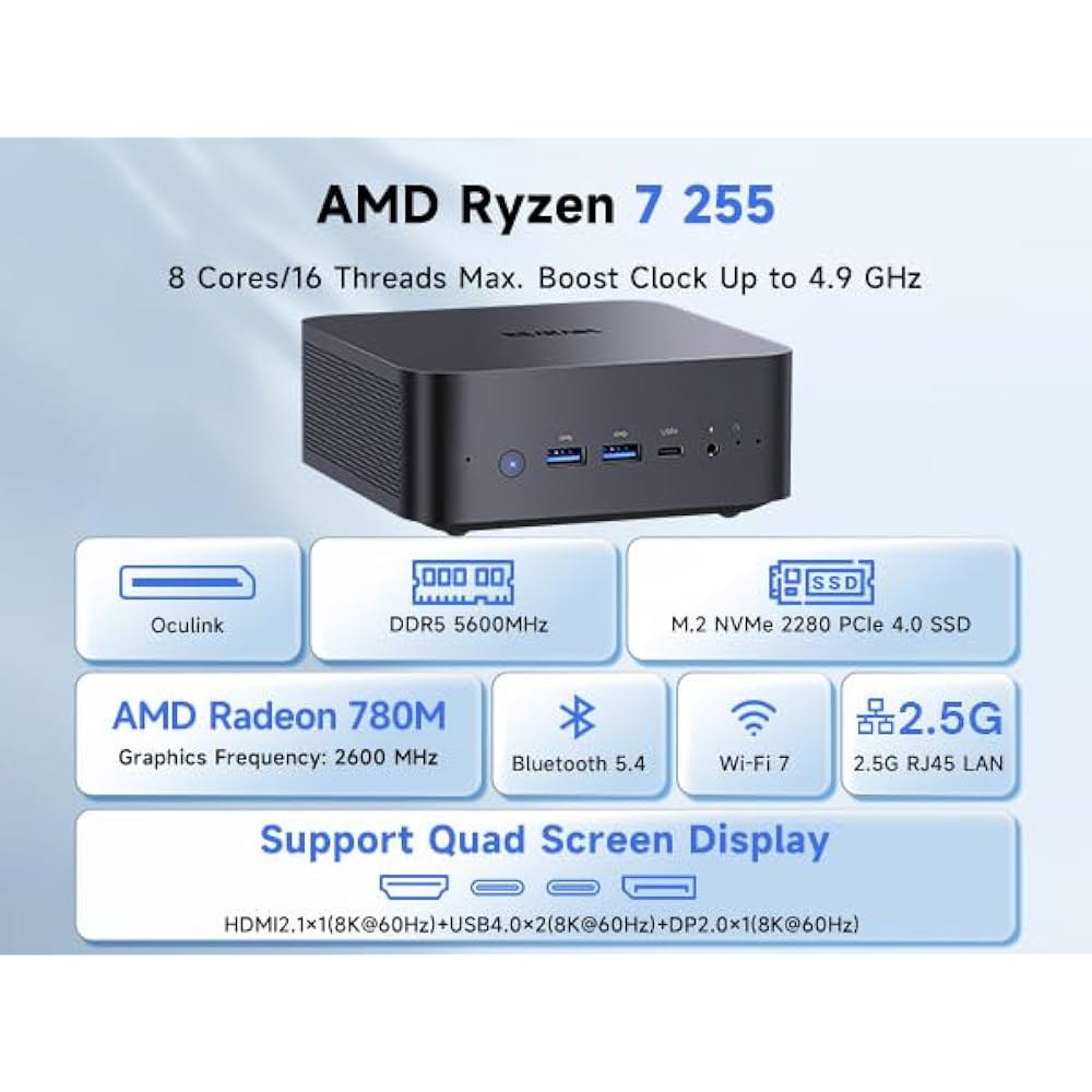Reatan AI Oculink 미니 베어본 255 업그레이드 없음 7 SSD 쿼드 내장 (8C/16T & 스크린 데스크탑 8K Radeon 디스플레이 PC 게이밍 Wi-Fi Ry - 상세 이미지 3
