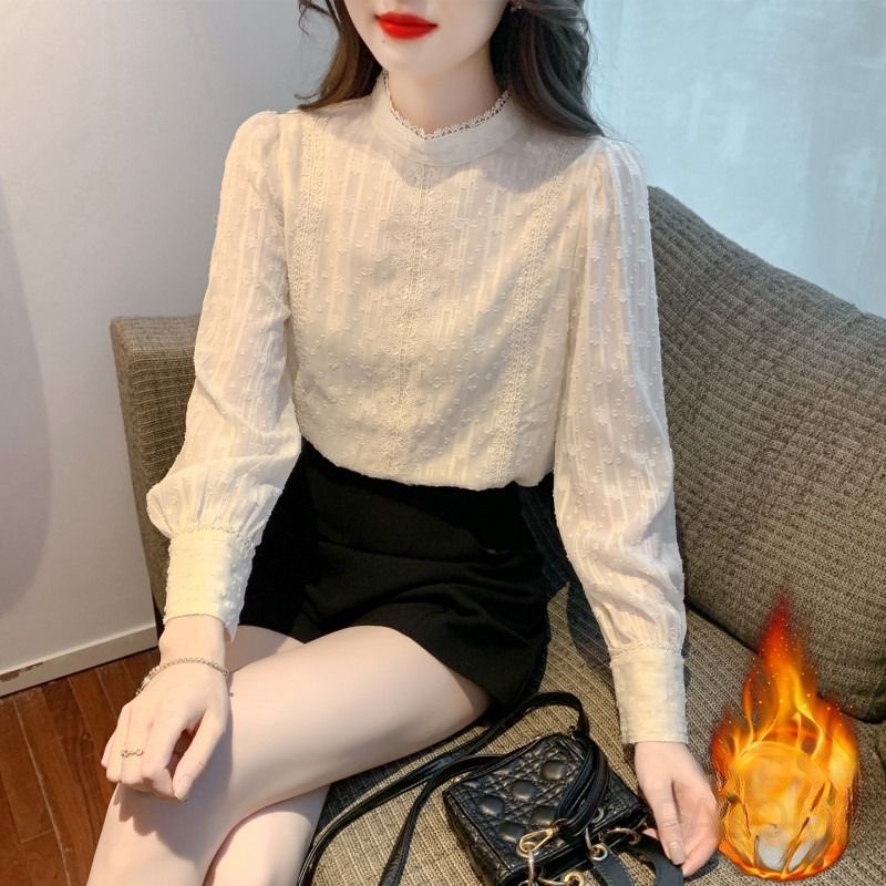 여성 페미닌 무드 레이스 배색 핀턱 도트 안감 기모 셔츠 블라우스 하객룩 출근룩 데일리 오피스룩 직장인 상의 - 상품 이미지