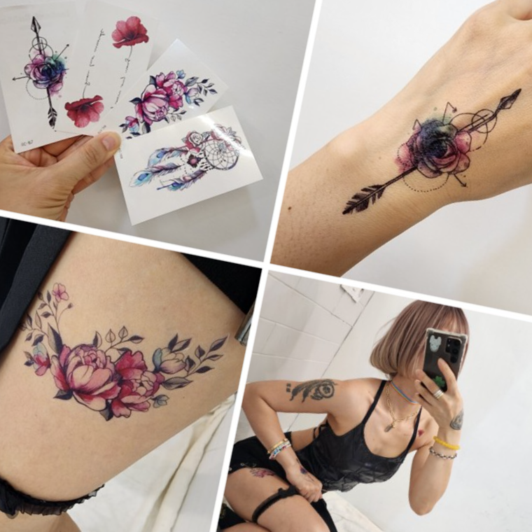 컬러 레터링 타투스티커 쇄골 골반 손 발 헤나 문신 스티커 - 상품 이미지