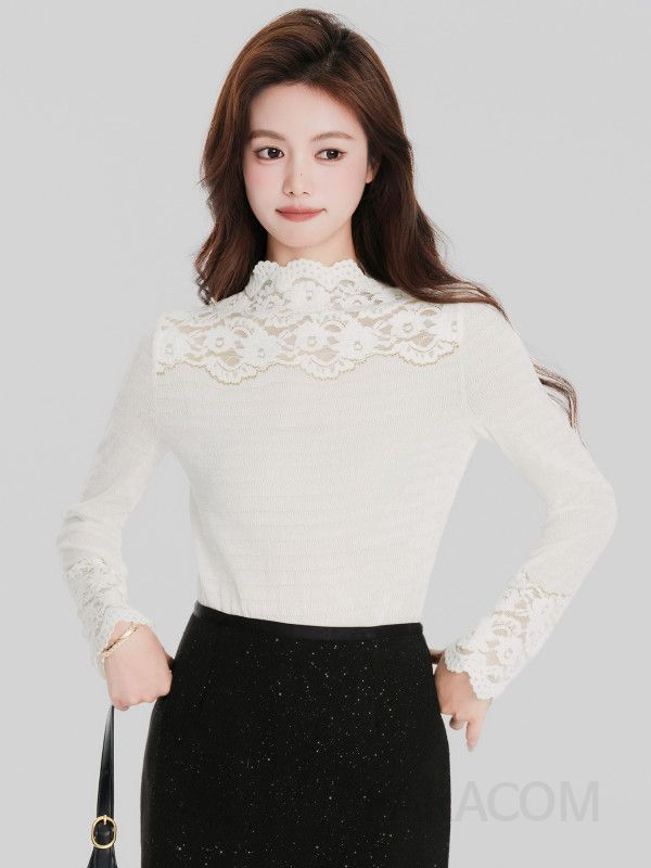 여성 페미닌 슬림핏 레이스 시스루 하이넥 반목 긴팔 티셔츠 오피스룩 하객룩 - 상세 이미지 3