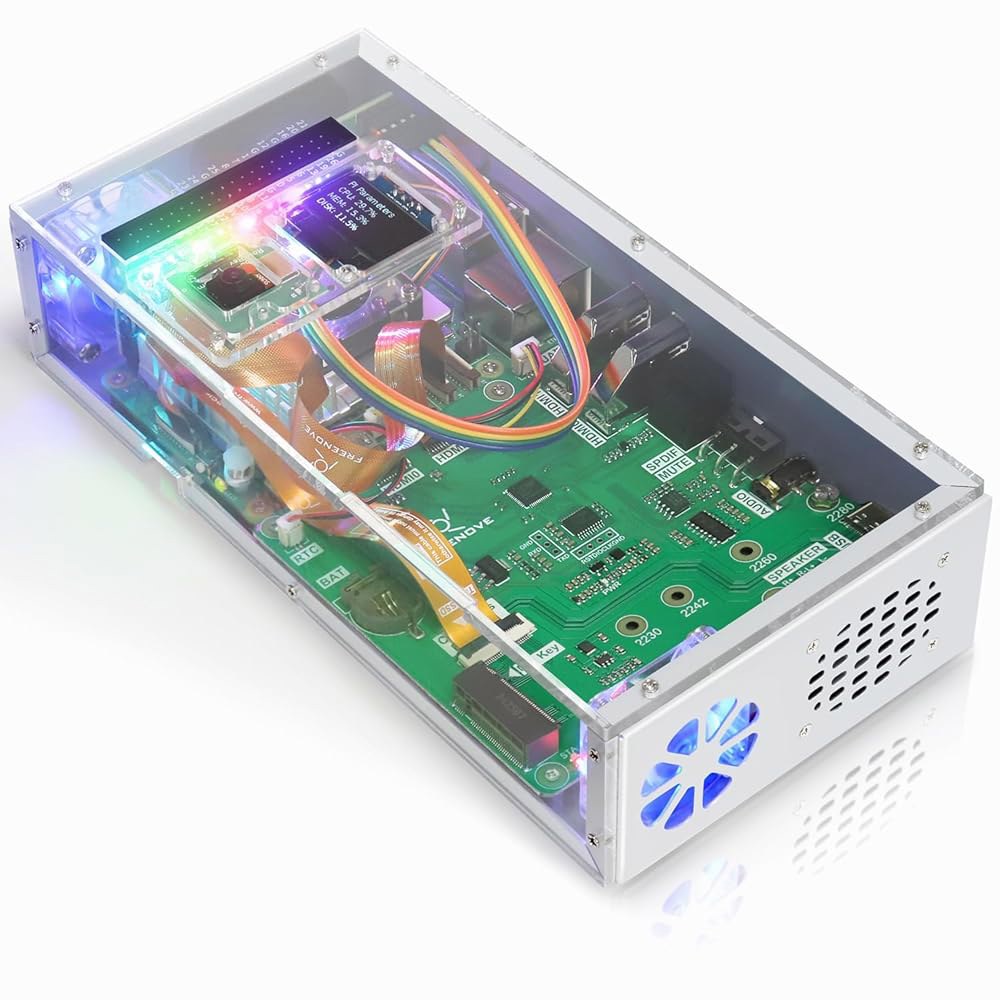 FREENOVE 냉각 팬이 있는 라즈베리 NVMe 키트, M.2 1231MB/s, 스테레오 케이스 오디오 0.96인치 (S/PDIF) SSD 파이 3.5mm 카메라, 슬롯 내장 - 상품 이미지