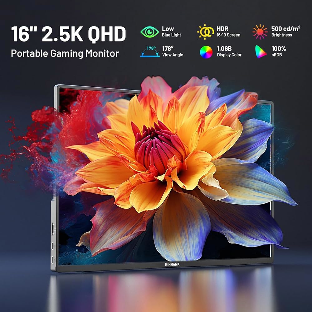 2.5K 144Hz 휴대용 게이밍 모니터 16인치, 포함 플러그 USB-C/HDMI용 앤 sRGB, P-S4/5, 500nits, (K16G) 맥, 2560x1600, 노트북, - 상세 이미지 2