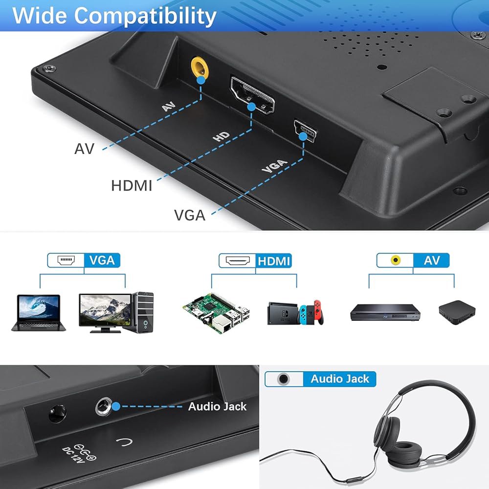 Haiway 7인치 미니 모니터, 1024X600 카메라/게임용, 소형 리모컨 VGA 내장, AV PC/CCTV/라즈베리 IPS 및 이어폰 HDMI PI/보안 잭 스피커 모니터 - 상세 이미지 3