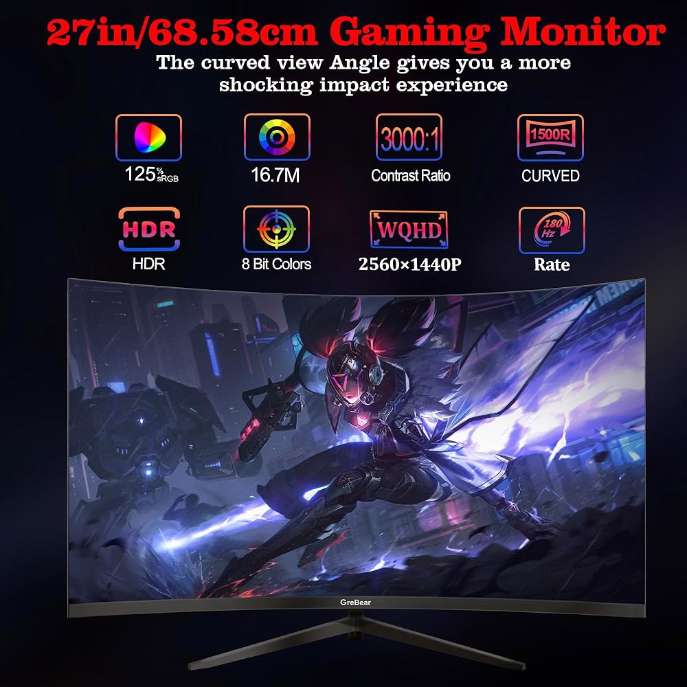 27인치 게이밍 커브 모니터 1440P 2K, 스크린, 1500R, 내장 디스플레이 홈 PC 틸트 180HZ 조절 100x100mm DP, 2560x1440p QHD HDMI, - 상세 이미지 2