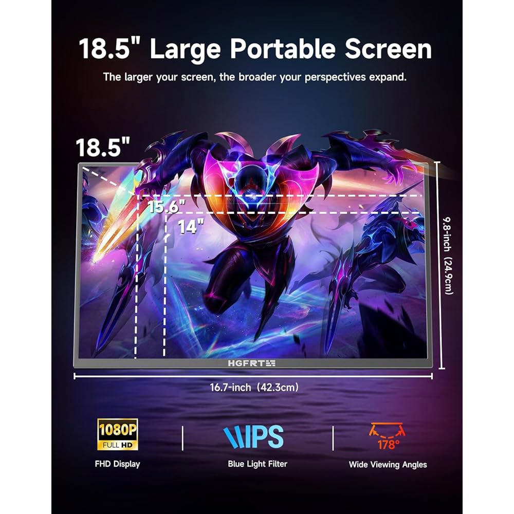 Hgfrtee 대형 휴대용 모니터 18.5인치, 오피스 게이밍 FHD 스크린 PC, LCD 노트북 1080P 스피커가 - 외장 100Hz 및 VESA 있는 패널 IPS 120 맥 - 상세 이미지 2