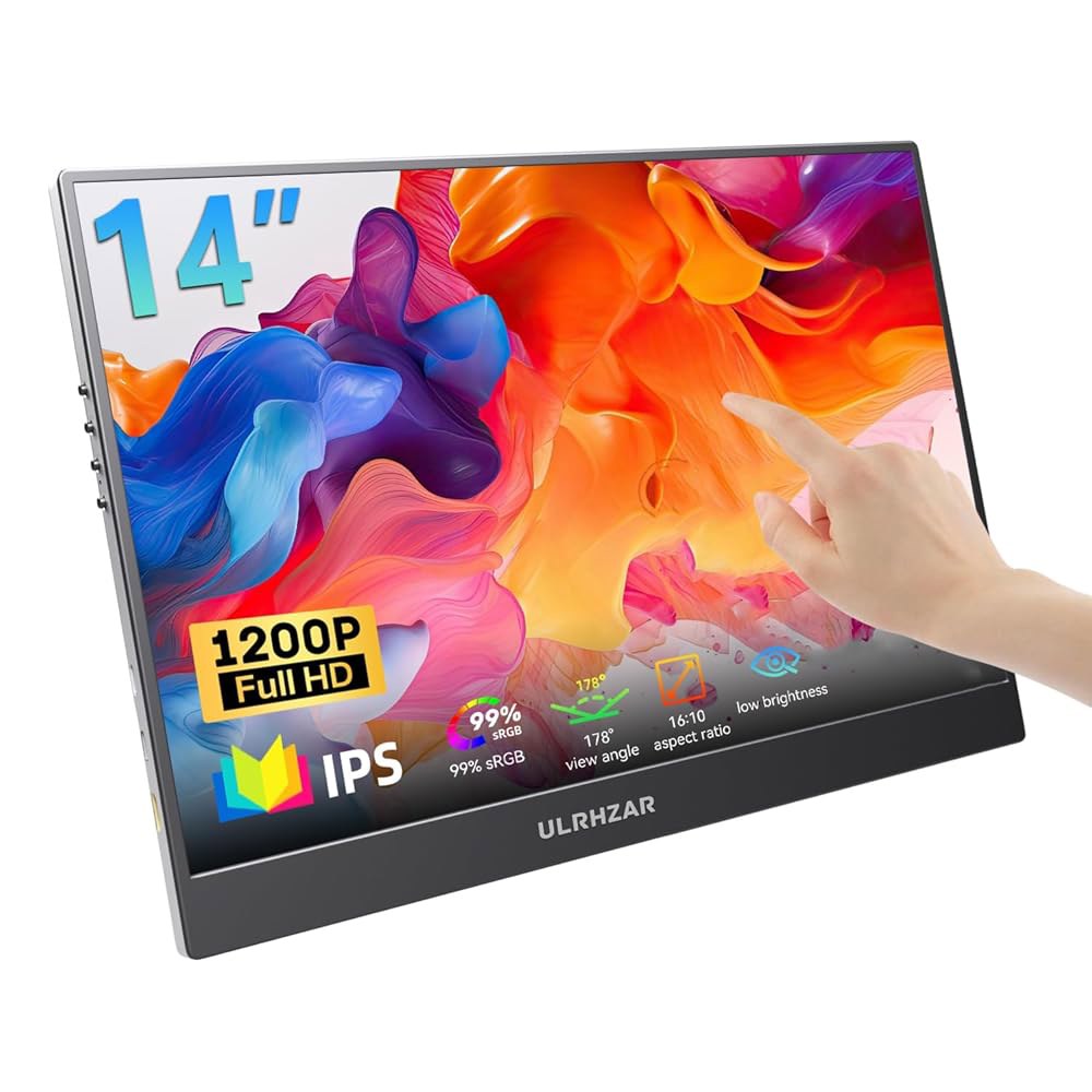 Ulrhzar 휴대용 터치스크린 모니터 14인치 스피커 1920X1200P 미니 USB-C 60hz 외장 HDMI Xbox FHD 노트북 내장 스위치용, 컴퓨터 모니터, - 상품 이미지
