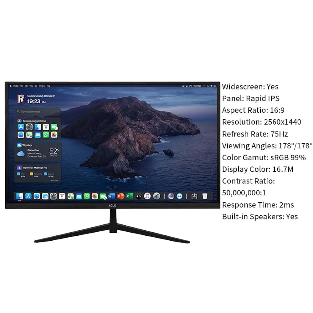 LGLO 27인치 2K QHD 프레임리스 178 1440P 2ms 장착 75Hz 포트, 내장 넓은 및 99 스피커, sRGB HDMI 응답 DP 가능 모니터, 컴퓨터 시야각, 시간 - 상세 이미지 3