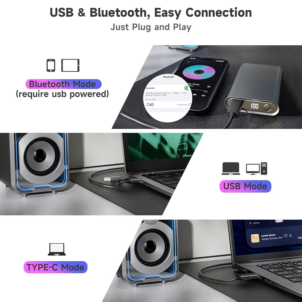 SOULION 2.0 컴퓨터 스피커, 10W 블랙 노트북용 모니터 있는 쉬운 LED 블루투스 USB 제어 거울 사운드바 PC 전원 책상 - 모드가 작은 조명 포드, 같은 데스크톱용 - 상세 이미지 3