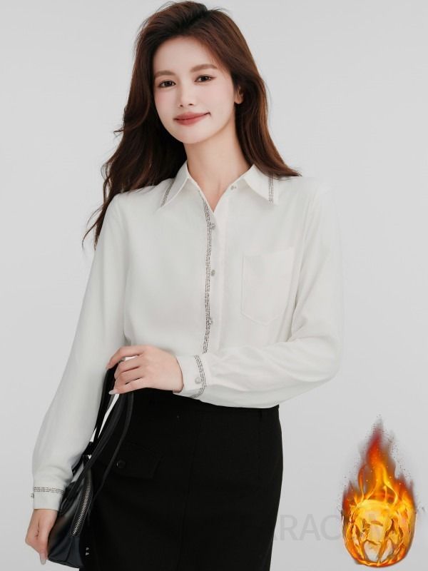 여성 오피스룩 직장인 기모 안감 배색 포인트 포켓 긴팔 셔츠 블라우스 출근룩 단정한 상의 - 상세 이미지 2